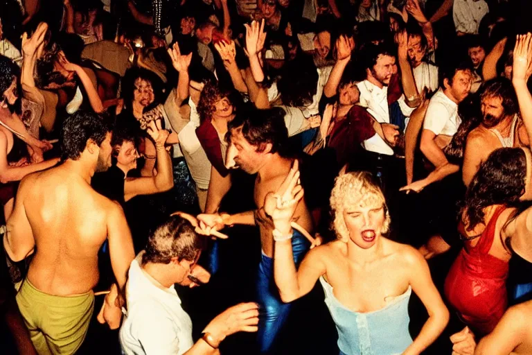 Image similar to people dancing in a club in the 70's by Geoff Darrow , they're sweating, theynre hot, colored photography, flash photography, close up, 50mm lens