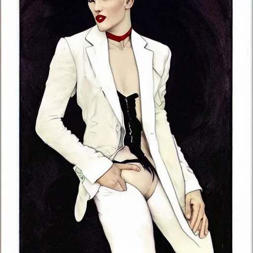 Image similar to aesthetic portrait of androgynous ruby rose as desire from sandman in a white tuxedo!!!, rockabilly style,, by alphonse mucha, by jeremy mann, by peter lindbergh, dave mckean, by frank moth, white suit and black tie, soft lightning, high detailed, 8 k