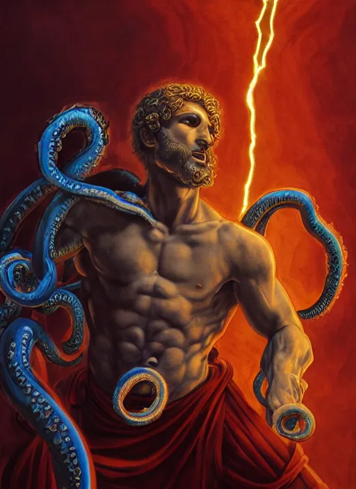 Prompt: photo of a young strong ancient greek man in a modern day cinema with lovecraftian tentacles in the background, dungeons and dragons artwork, award winning art, cinematic light, dynamic composition, highly detailed, realistic light transport simulation, dramatic lighting, digital painting, concept art, masterpiece, by leonardo da vinci, raphael, artgerm, greg rutkowski, vibrant colors