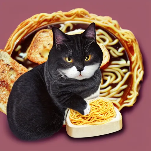 Prompt: cute fat cat sitting in front of ramen noodles on toast, photo realistic