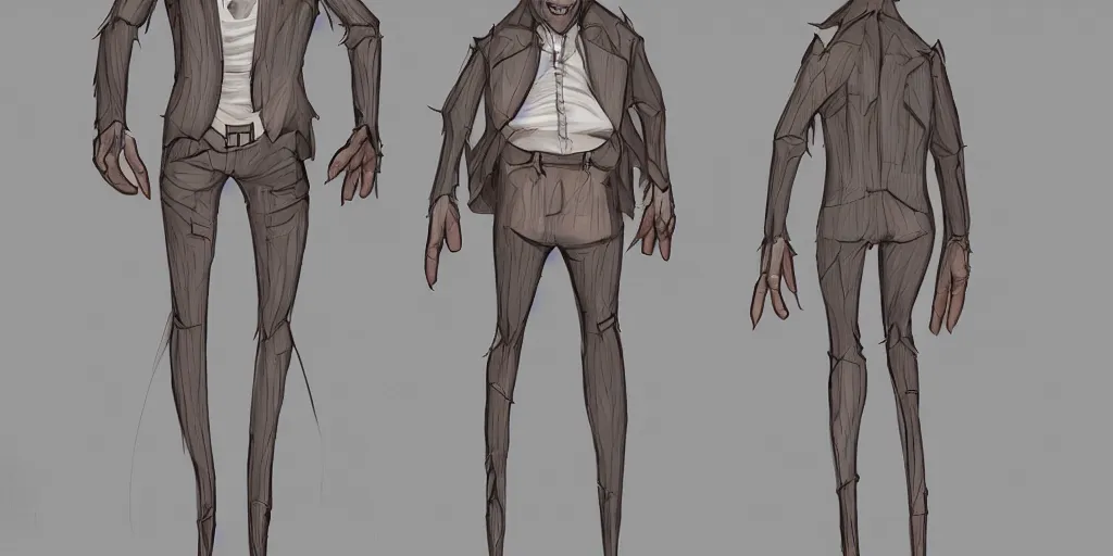 Image similar to Full body goblin, ripped suit, grinning, smile, concept sheet