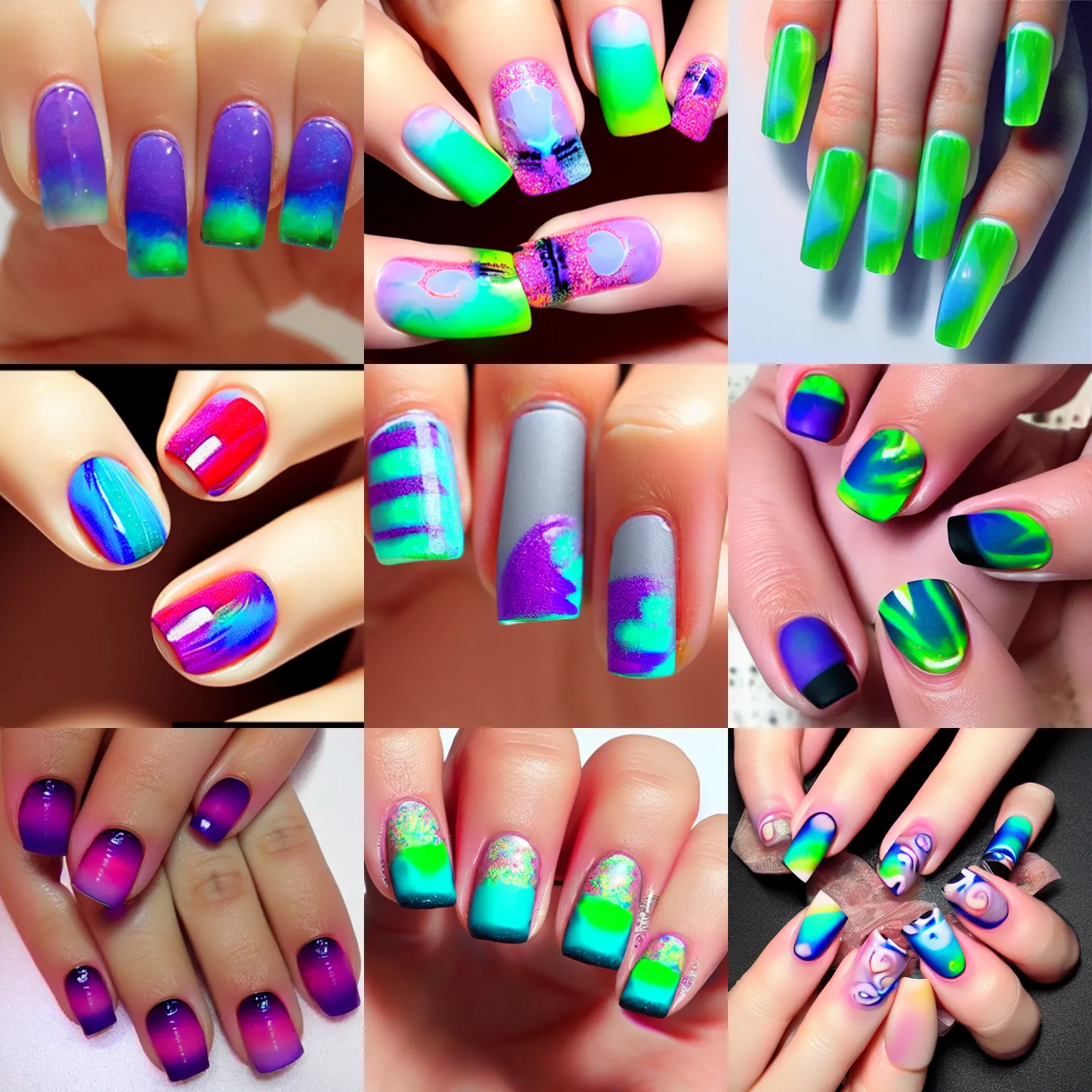Prompt: thermochromic liquid crystal nail art, mood ring manicure