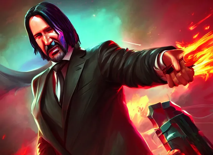 Image similar to john wick as league of legends character splash art, artstation, trending, digital painting