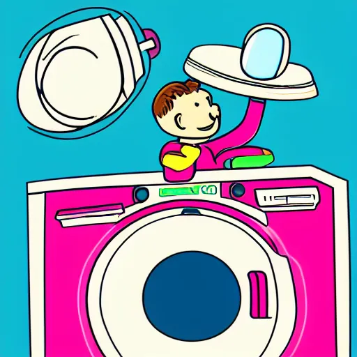 Prompt: Cartoon of an astronaut stuck in a giant washing machine that is washing pink clothes. 8k resolution. Art deco. Pop art.