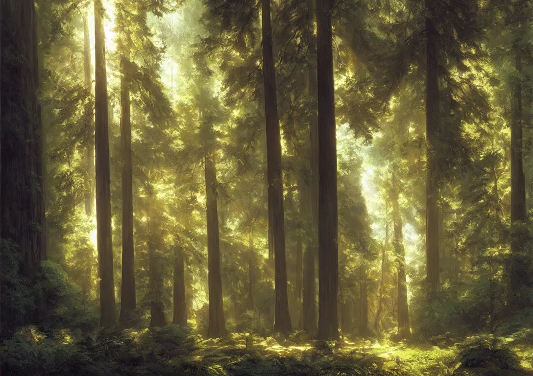 Image similar to a peaceful sanctuary in a beautiful california redwood forest, light streams through the trees, art by albert bierstadt and greg rutkowski, hyperrealism