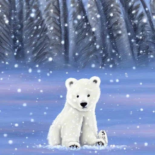 Prompt: cute fluffy white polar bear cub sitting in snowy winter landscape detailed painting 4K
