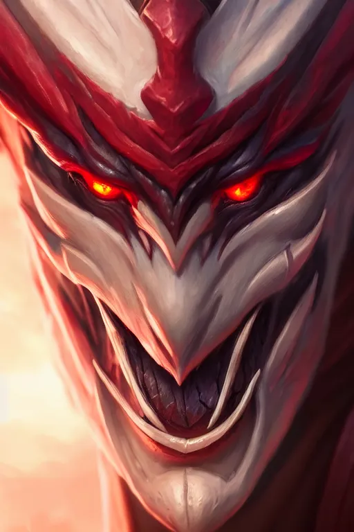 Image similar to ultra detailed facial close up portrait of aatrox from league of legends, by riot games, extremely detailed digital painting, in the style of fenghua zhong and ruan jia and jeremy lipking and peter mohrbacher, mystical colors, rim light, beautiful lighting, 8 k, stunning scene, raytracing, octane, trending on artstation