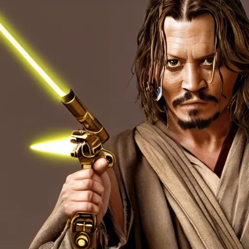 Image similar to Jedi Master (Johnny Depp) wielding a golden lightsaber 8k hdr