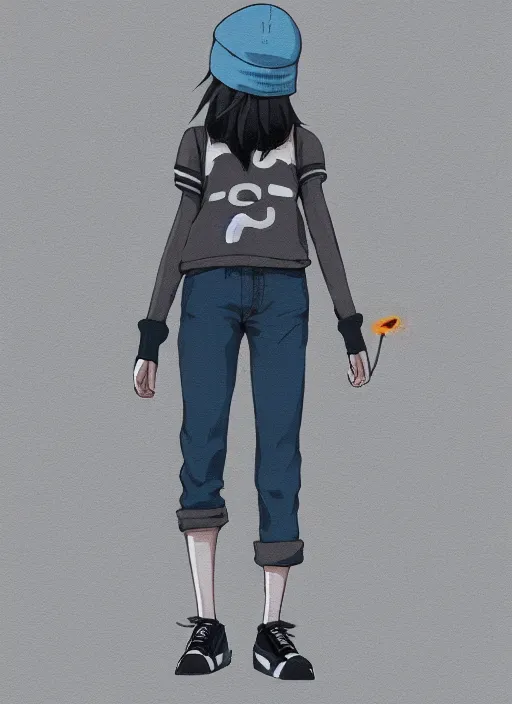 Prompt: Outfit concept of an anime girl wearing a black grey and blue crop top, rounded eyeglasses, a beanie, and sneakers grey. painted by Simon Stålenhag, detailed, deviantart, high quality, masterwork, raytraced, amazing detail, glorious lighting, well lit