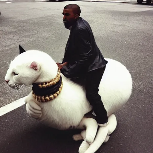 Prompt: Kanye West riding on the back of a giant cat