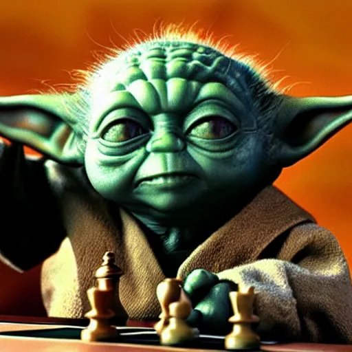 Image similar to real vintage photo, baby yoda playing chess with the terminator, detailed, hyper realistic, 4 k octan render, unreal 5