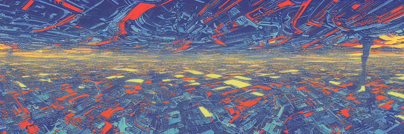 Image similar to a hyperrealistic rendering of a pop art scifi illustration panorama landscape pattern, deep color, futuristic, cyber by Peter Elson and Kawase Hasui, scifi superrealism