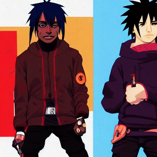 Prompt: Carti and Lil Uzi Vert in Naruto Universe, Ninja Scrolls, Geometric 3d shapes, Gang, Pistol, Blood, red smoke, by Sachin Teng, Trending on artstation