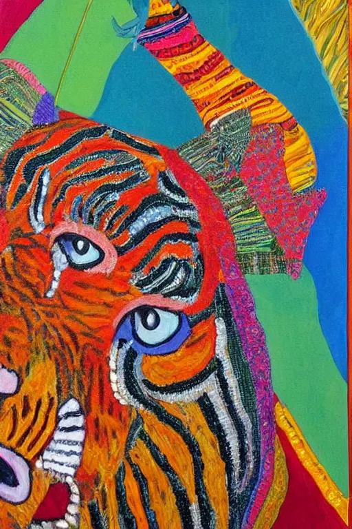 Prompt: an image of a tiger wearing a headdress, a detailed painting by Laurel Burch, pinterest contest winner, psychedelic art, detailed painting, made of beads and yarn, outlined art