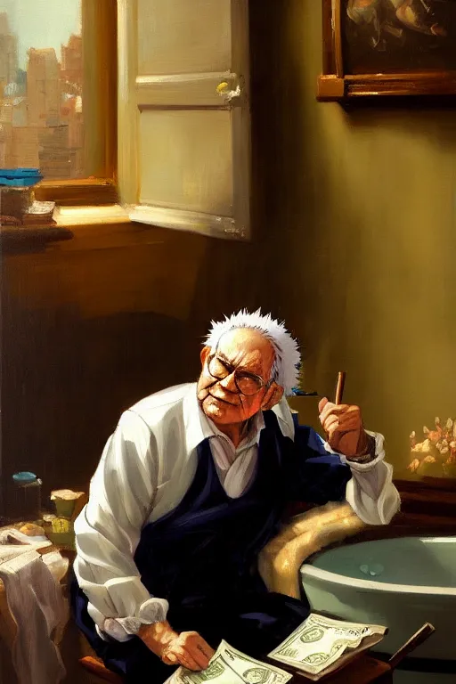 Image similar to baroque oil painting of anime key visual concept art of warren buffet sitting in a bathtub full of usd cash money, award winning, trending on artstation, palette knife! and brush strokes, oil on canvas, makoto shinkai greg rutkowski studio ghibli