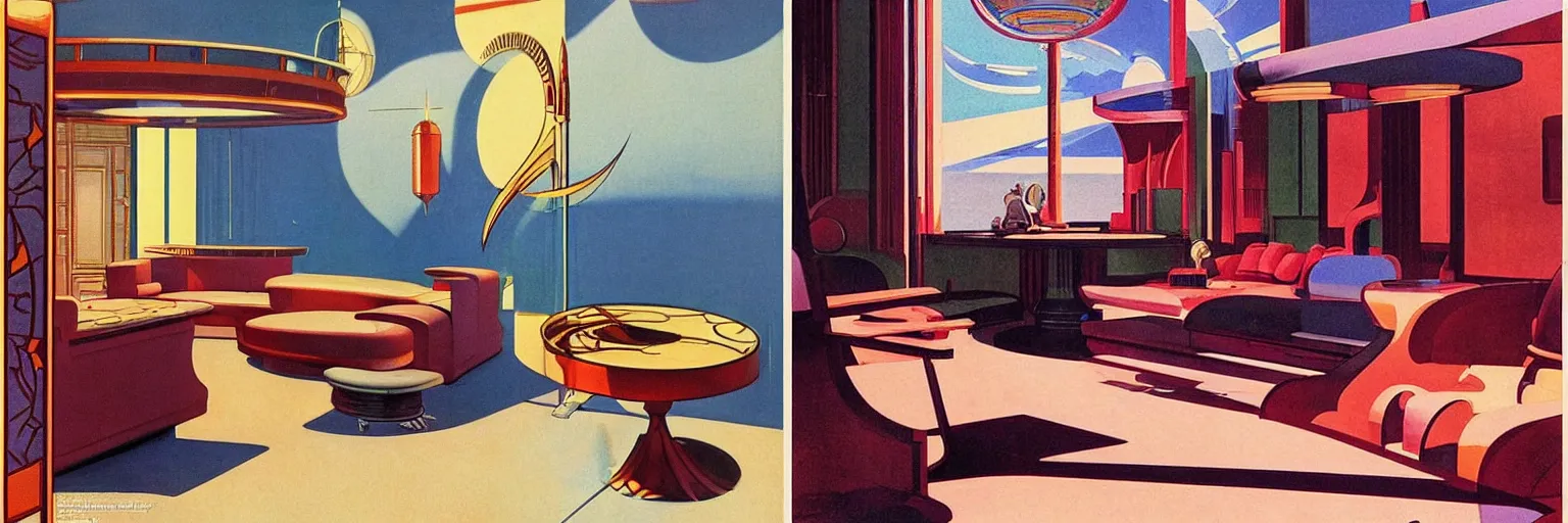 Prompt: glorious illustration by Jean Giraud, 1930s Art Deco vintage interior design magazine page by Syd Mead and Ralph Mcquarrie, interior concept art by Syd Mead, surrealist retro conversation pit interior concept art, by Edward Hopper, by Jean Giraud, art nouveau