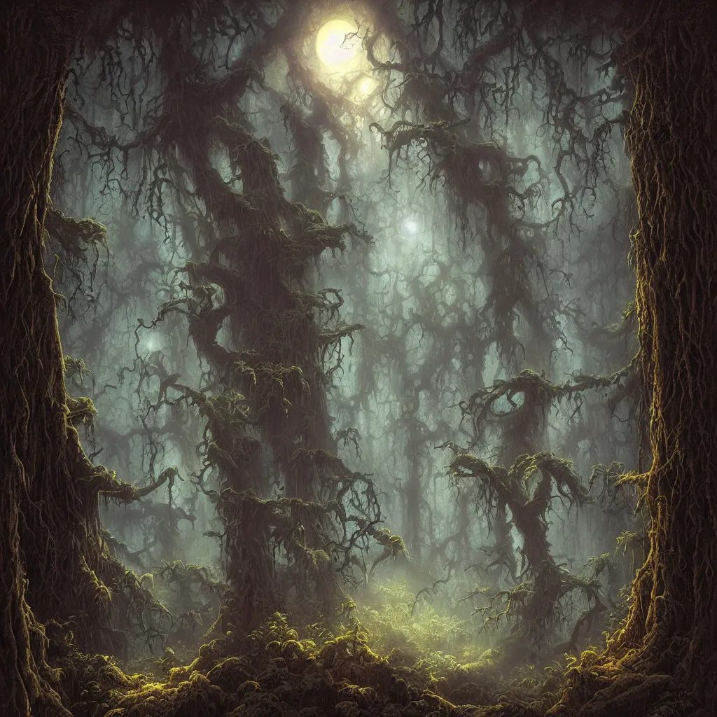 Image similar to a dark lush haunted sequoia forest at night, upward cinematic angle, J.R.R. Tolkien, by Rodney Matthews, P. Craig Russell and Andreas Rocha, dim moonlight, beautiful composition, intricate, elegant, digital art, detailed, mixed media painting, hyperrealistic, sharp focus, 8k