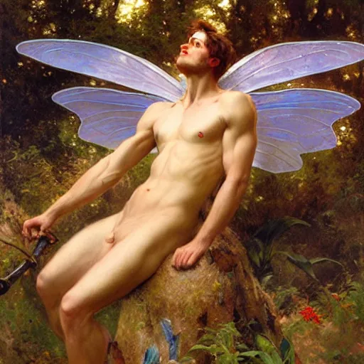 Image similar to attractive male fairy with wings in the forest, posing. highly detailed painting by gaston bussiere, craig mullins, j. c. leyendecker, 8 k