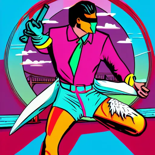 Image similar to Miami Vice themed luchador event on the Golden Gate Bridge; Luchador costume; miami Vice; colors; graphic art; vector graphics; masterpiece illustration comic