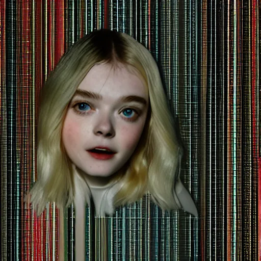 Prompt: VHS glitch art of Elle Fanning