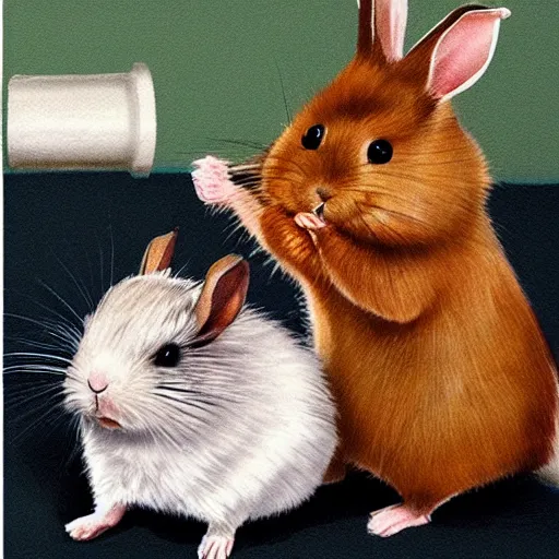 Prompt: Hamster boxing a Rabbit, highly detailed