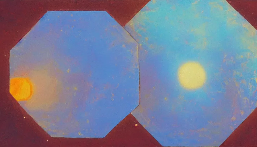 Image similar to the sun seen from earth with a hexagon in between, oil painting