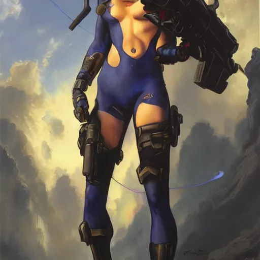 Image similar to ultra realistic portrait painting of widowmaker from overwatch, art by frank frazetta, 4 k, ultra realistic, highly detailed, epic lighting.