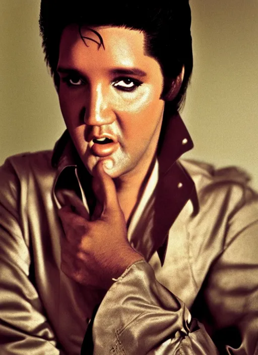 Prompt: photo closeup portrait of superstar elvis presley by steve mccurry