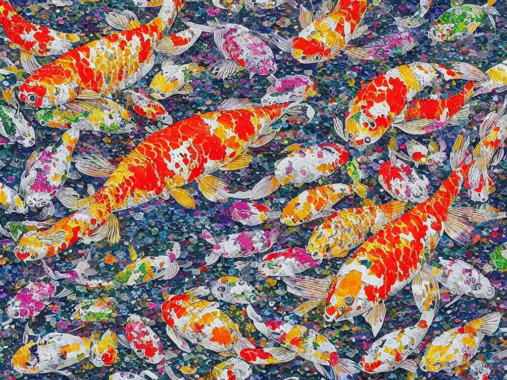 Image similar to breathtaking detailed concept art painting kaleidoscope of koi carp collage illustration pattern, 1 5 0 mm, tiny, small, miniature, short, cute and adorable, digital painting, highly detailed, intricate, elegant, artstation, concept art, colorful, beautiful, studio ghibli, aoshima chiho, takashi murakami, manga, cute and adorable