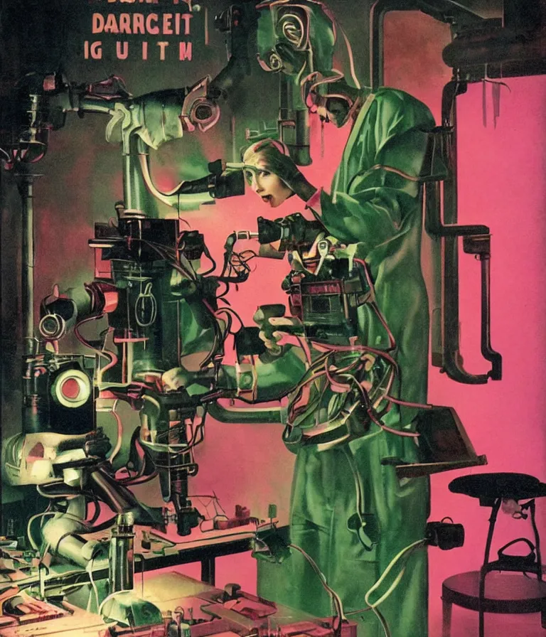 Image similar to a female mad scientist building a retro robotic!!! man!!!, in a darkly lit laboratory room, 1 9 5 0 s horror film movie poster style, ( norman rockwell oil painting ), retro science fiction, vintage, saturated pink and green lighting, shadowy lighting