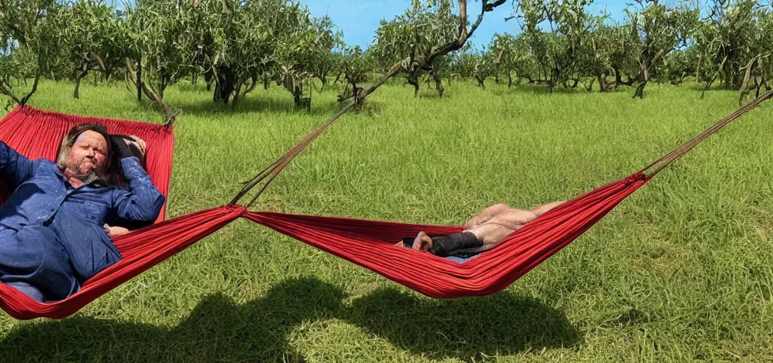 Prompt: Dutch Van Der Linde from Red Dead Redemption 2 sleeping in a hammock, a field of mango trees in the background