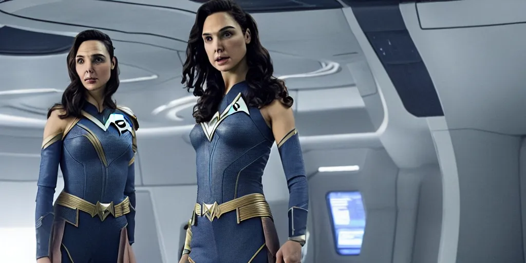 Image similar to Gal Gadot, in full starfleet uniform, is the captain of the starship Enterprise in the new Star Trek movie