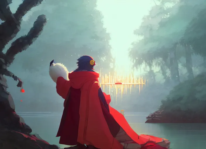 Image similar to cute fluffy mallard duck wearing red cultist robe, details, fantasy, epic, sacrificial altar, landscape illustration concept art anime key visual trending pixiv fanbox by wlop and greg rutkowski and makoto shinkai and studio ghibli and kyoto animation symmetrical facial features