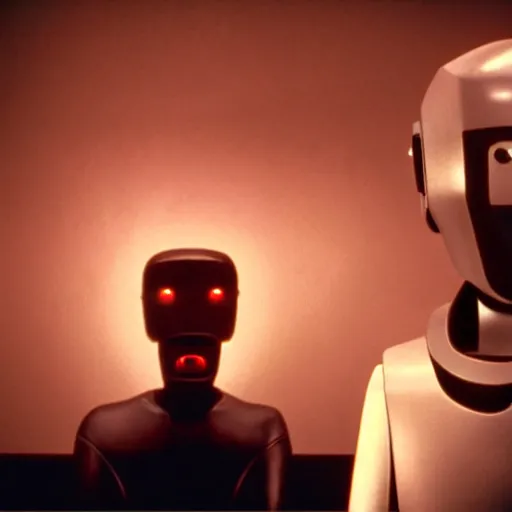 Image similar to movie scene of a man with a robot head, movie still, cinematic composition, cinematic light, Movie by David Lynch, Movie by Issac Asimov