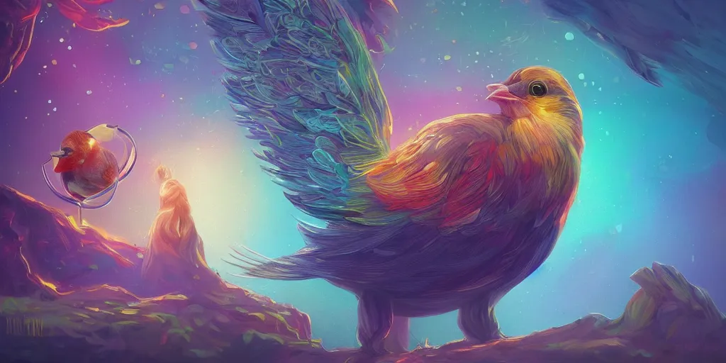 Image similar to baby bird, sunrise, pot of gold, rainbow, sci-fi, fantasy, intricate, very very beautiful, elegant, highly detailed, digital painting, artstation, concept art, smooth, sharp focus, illustration