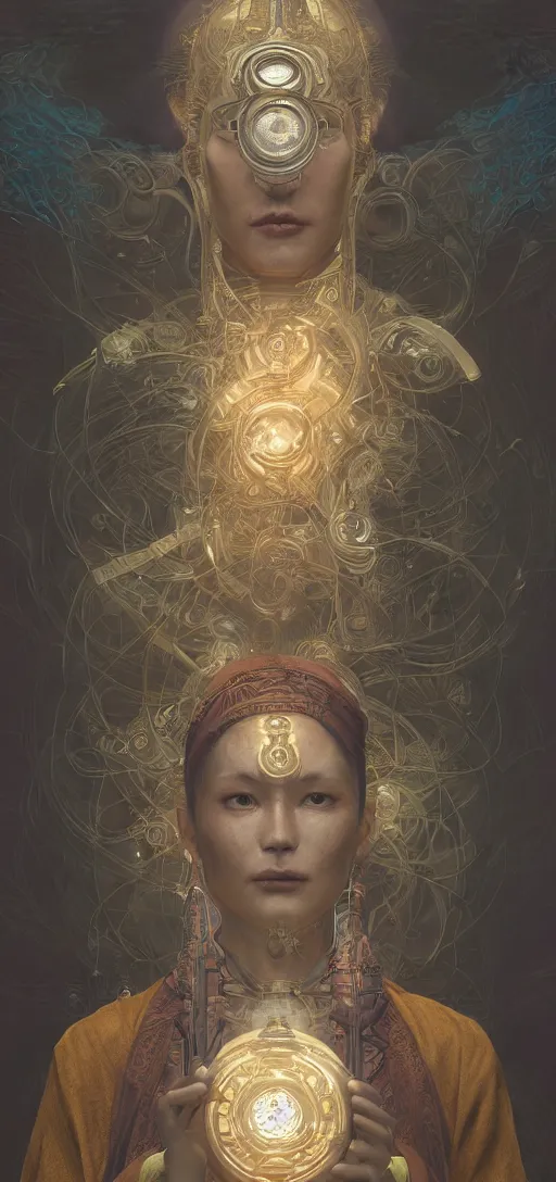 Prompt: ultra realistic illustration, buddhist monk, cyberpunk, sci-fi, fantasy, intricate, elegant, highly detailed, digital painting, artstation, concept art, smooth, sharp focus, illustration, art by artgerm and greg rutkowski and alphonse mucha, rene magritte, surrealism