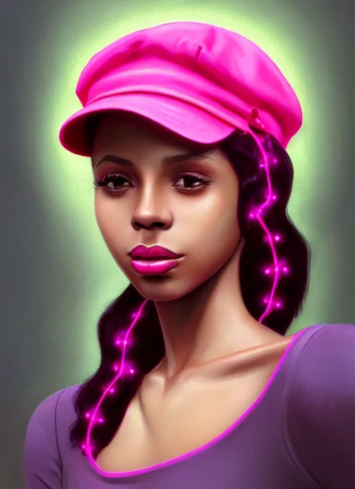 Prompt: portrait of young vanessa morgan with bright pink hair, black girl, vanessa morgan, curly pixie cut hair, wearing newsboy cap, newsboy cap, hoop earrings, intricate, elegant, glowing lights, highly detailed, digital painting, artstation, concept art, smooth, sharp focus, illustration, art by wlop, mars ravelo and greg rutkowski