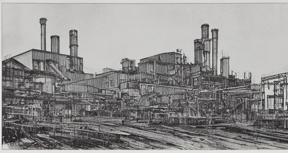 Prompt: a cmyk risograph print of a steel mill in birmingham england, early 1 9 0 0's
