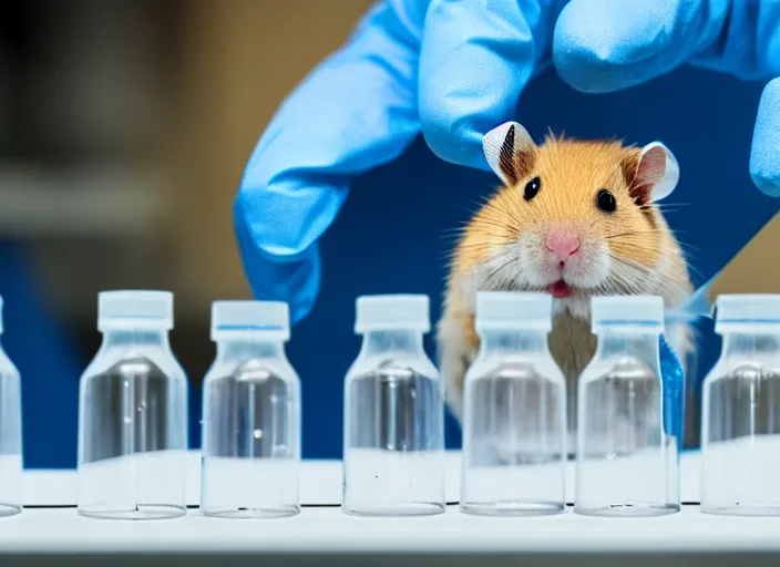 Image similar to film still of a hamster working in a research lab filling test tubes, 8 k