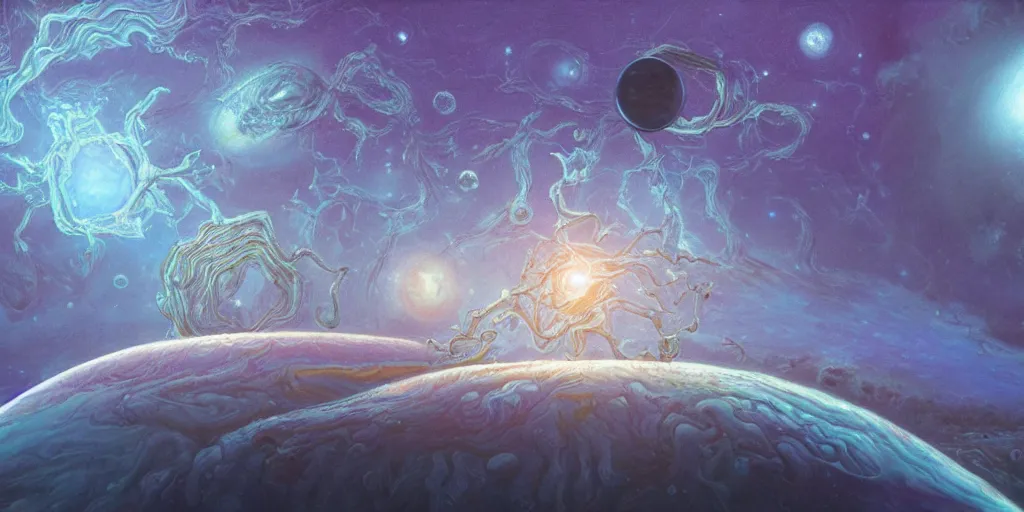 Prompt: A beautiful hyper realistic detailed painting of a cybernetic symbiosis of two gigantic quantum computers in the middle and molecule voxels of Glaucus Atlanticus iridescent metal scaffolds in orbit above the swirling billowing layered clouds of jupiter by Beksinski and beeple, deep black outer space, unreal engine, octane render, nasa images, diamond ,bismuth, zirconium, krypton, ruby, gallium, vanadium, platinum, amber, tungsten, crystals, iridescent bubble texture