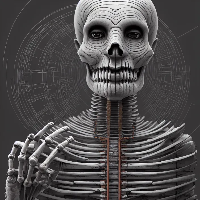 Image similar to portrait of Buddhist Monk as skeleton. intricate abstract. intricate artwork. by Tooth Wu, wlop, beeple, dan mumford. octane render, trending on artstation, greg rutkowski very coherent symmetrical artwork. cinematic, hyper realism, high detail, octane render, 8k, chrome accents