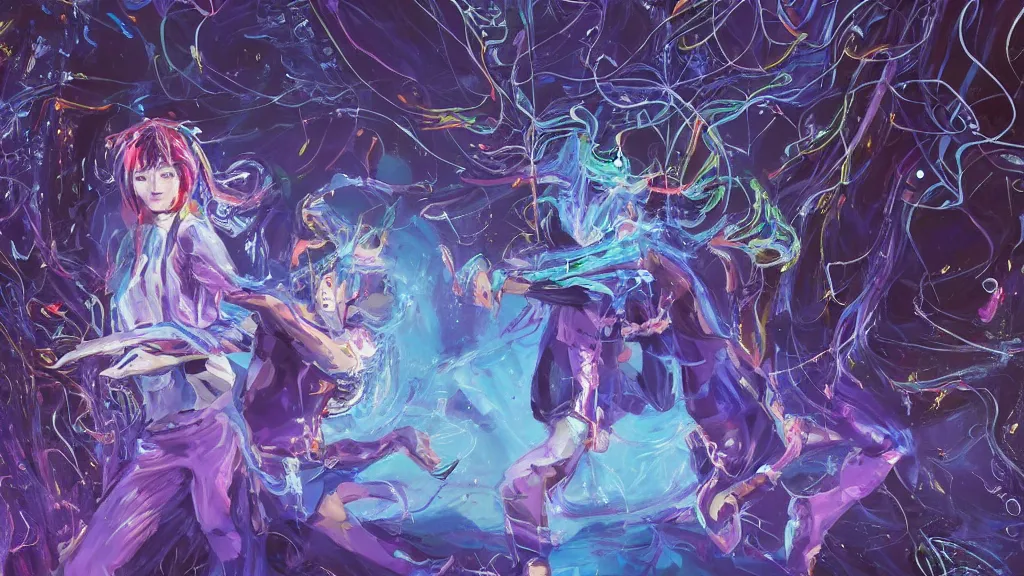 Image similar to a detailed painting of two people dressed as gen z dancing togheter in a nightclub, inspired by yoshitaka amano enveloped in trails of colorful animal ghosts floating around them. clean painting, realistic and auora lighting. dark blue and intense purple color palette, art by kuvshinov ilya, 8 k