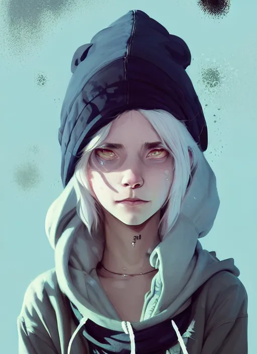 Image similar to highly detailed portrait of a sewer punk swedish young lady, hoodie, white hair by atey ghailan, by greg rutkowski, by greg tocchini, by james gilleard, by joe fenton, by kaethe butcher, gradient light blue, blonde, brown, cream and white color scheme, grunge aesthetic!!! ( ( graffiti tag wall background ) )