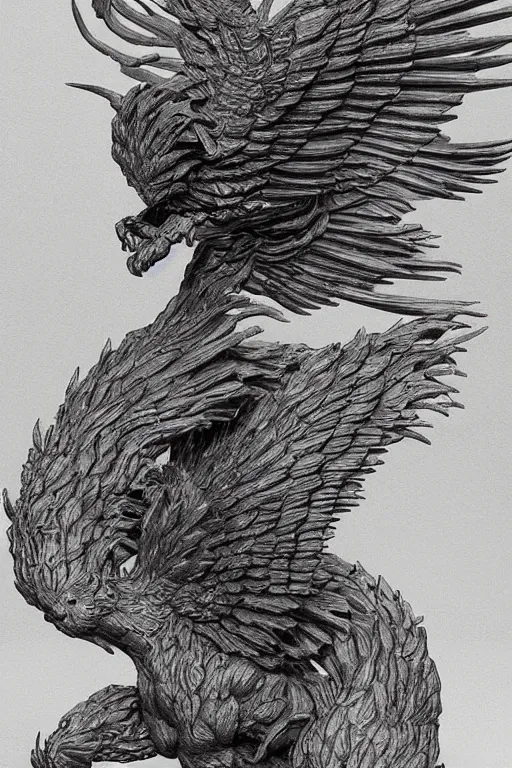 Image similar to hyperdetailed brutalist sculpture of a phoenix by berto lardera illustrated by alan lee