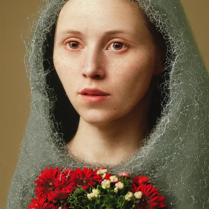 Prompt: a closeup portrait of a woman wearing a hood made of wire and zinnias, in an abandoned office building, by jan van eyck, canon eos c 3 0 0, ƒ 1. 8, 3 5 mm, 8 k, medium - format print