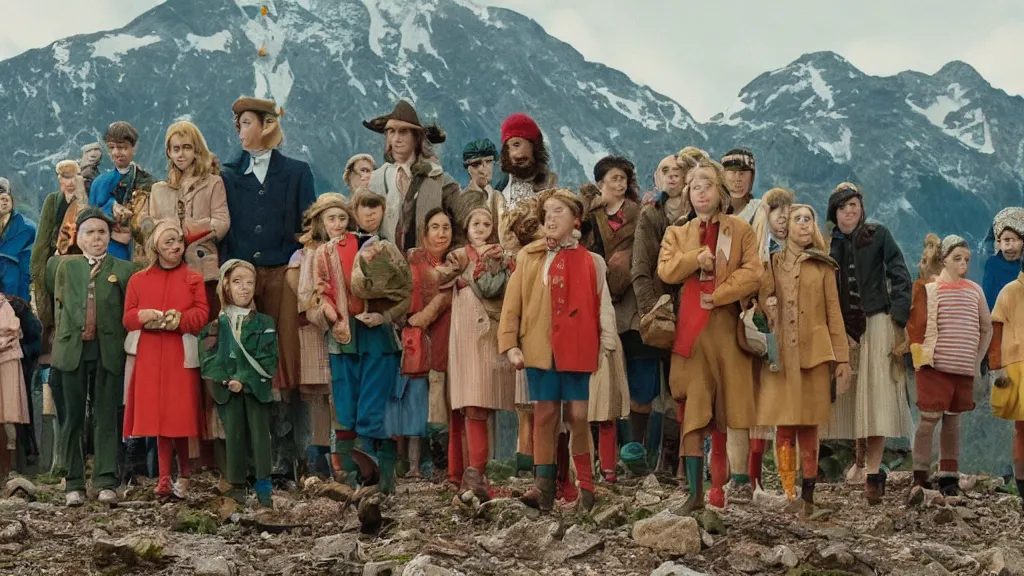 Image similar to A still from a Wes Anderson movie where the Pied Piper is luring hundreds of kids up a hill, long shot