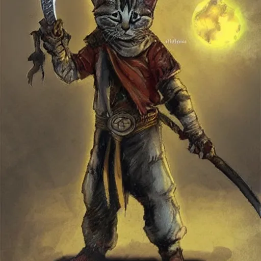 Image similar to humanoid homeless cat wielding a sword and wearing rags, d & d, fantasy, concept art