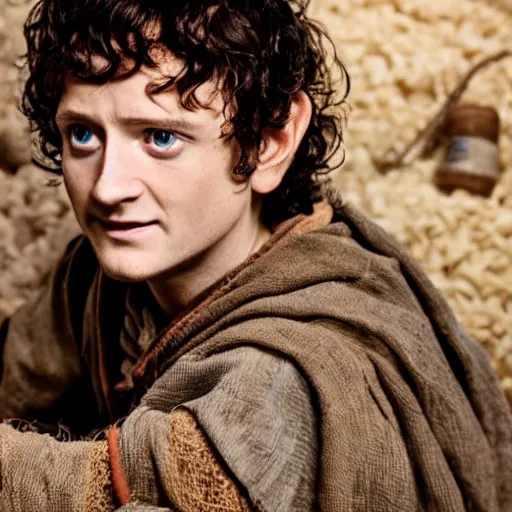 Prompt: frodo from lord of the rings in a burlap sack of overflowing with potatoes, photography, realistic, mid shot, in his hobbit home, cinematic lighting