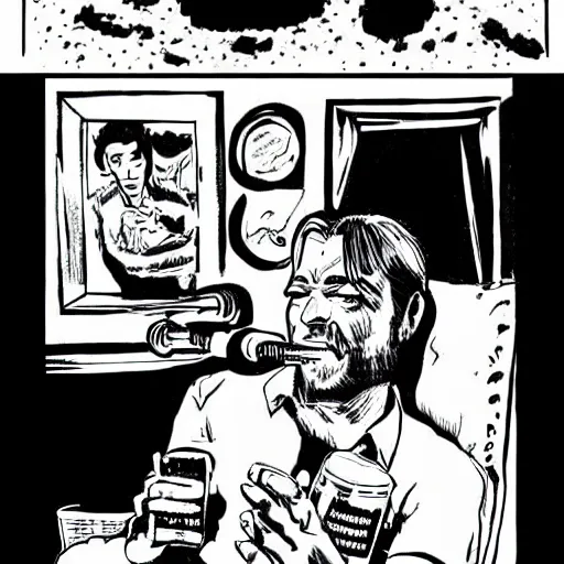 Image similar to a guy sitting on the sofa drinking many beers, Stray Bullets comic