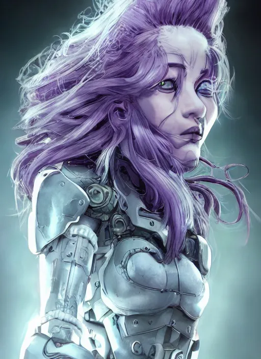 Image similar to close up portrait of a pale woman in power armor with intricate purple hair, powerful, domineering, stoic, masterful, intense, ultrafine hyperdetailed illustration by kim jung gi, irakli nadar, intricate linework, sharp focus, octopath traveler, yoji shinkawa, yoshitaka amano, concept art